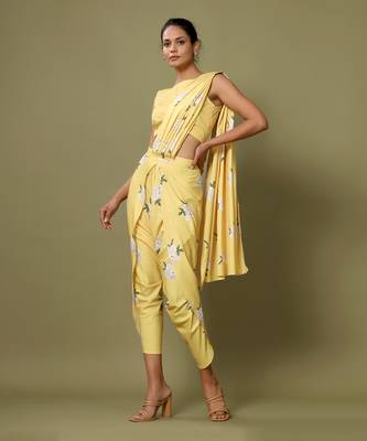 Yellow Floral Dhoti Saree & Top Set 3