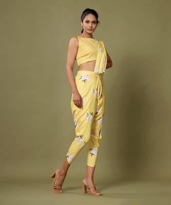 Yellow Floral Dhoti Saree & Top Set 4