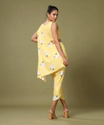 Yellow Floral Dhoti Saree & Top Set 5
