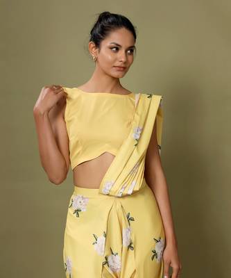 Yellow Floral Dhoti Saree & Top Set 6