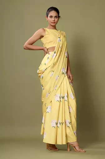 Yellow Floral Saree Skirt & Top Set