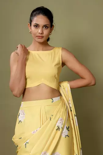 Yellow Floral Saree Skirt & Top Set