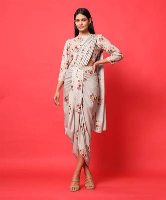 Oyster Pink Rayon Floral Printed Dhoti Saree and Top Set 1