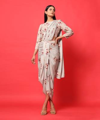 Oyster Pink Rayon Floral Printed Dhoti Saree and Top Set 2