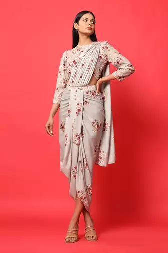 Oyster Pink Rayon Floral Printed Dhoti Saree and Top Set