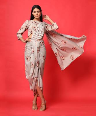 Oyster Pink Rayon Floral Printed Dhoti Saree and Top Set 3