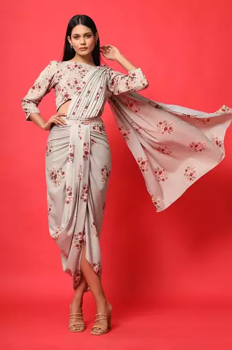 Oyster Pink Rayon Floral Printed Dhoti Saree and Top Set