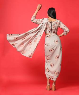 Oyster Pink Rayon Floral Printed Dhoti Saree and Top Set 4