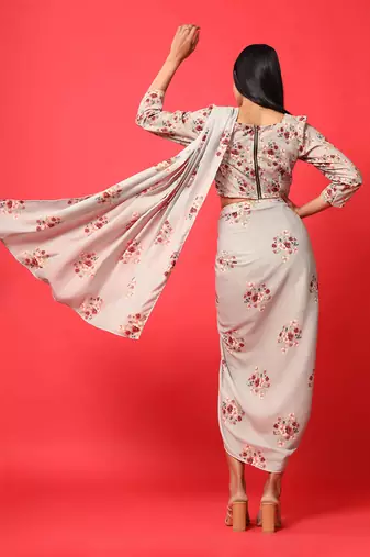 Oyster Pink Rayon Floral Printed Dhoti Saree and Top Set