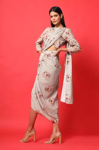 Oyster Pink Rayon Floral Printed Dhoti Saree and Top Set