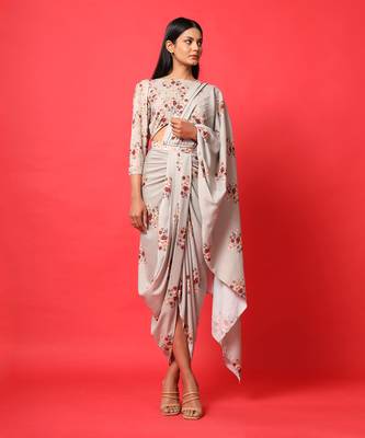Oyster Pink Rayon Floral Printed Dhoti Saree and Top Set 6