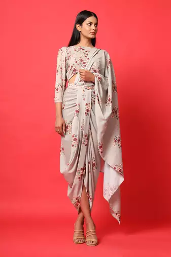 Oyster Pink Rayon Floral Printed Dhoti Saree and Top Set