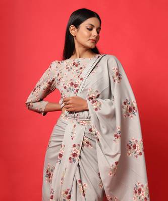 Oyster Pink Rayon Floral Printed Dhoti Saree and Top Set 7