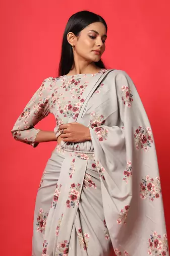 Oyster Pink Rayon Floral Printed Dhoti Saree and Top Set