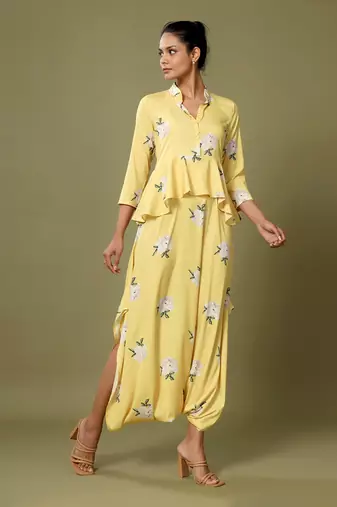 Yellow Floral Peplum Dhoti Jumpsuit
