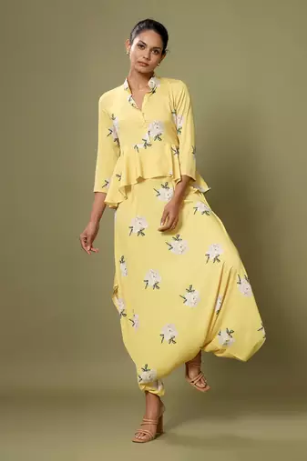 Yellow Floral Peplum Dhoti Jumpsuit