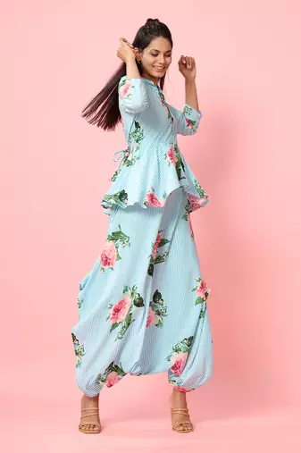Striped Floral Peplum Dhoti Jumpsuit