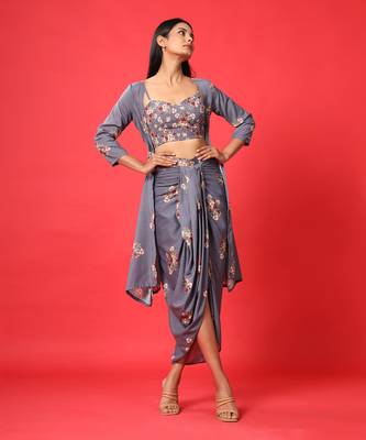 Persian Blue Bralette, Cape, Lungi Skirt Set 1
