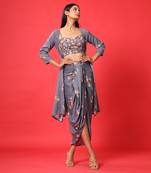 Persian Blue Bralette, Cape, Lungi Skirt Set