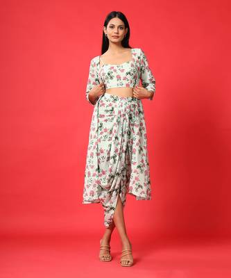 Sage Green Bralette, Cape, Lungi Skirt Set 1