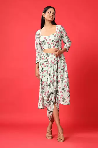 Sage Green Bralette, Cape, Lungi Skirt Set