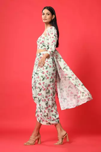 Sage Green Bralette, Cape, Lungi Skirt Set