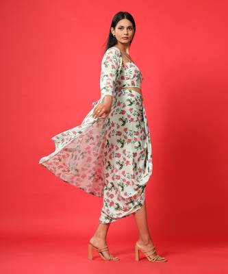 Sage Green Bralette, Cape, Lungi Skirt Set 4