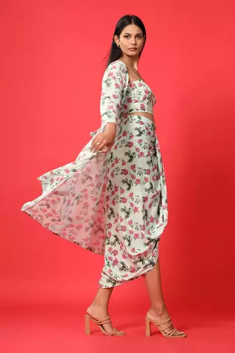 Sage Green Bralette, Cape, Lungi Skirt Set
