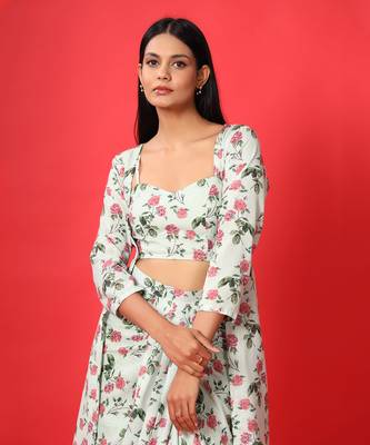 Sage Green Bralette, Cape, Lungi Skirt Set 6