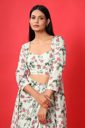 Sage Green Bralette, Cape, Lungi Skirt Set