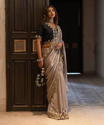 Champagne Beige Gotapatti Saree Set 1