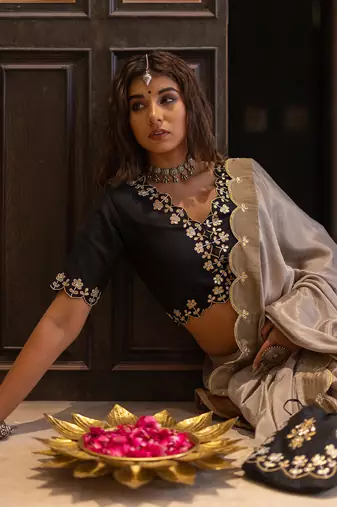 Champagne Beige Gotapatti Saree Set