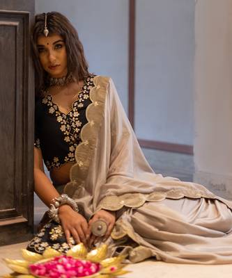 Champagne Beige Gotapatti Saree Set 7
