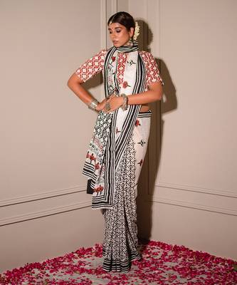 Monochrome Hand Blocked Saree Set 1