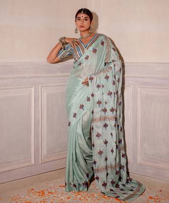 Pastel Blue Hand Blocked Saree Set 1