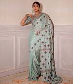 Pastel Blue Hand Blocked Saree Set