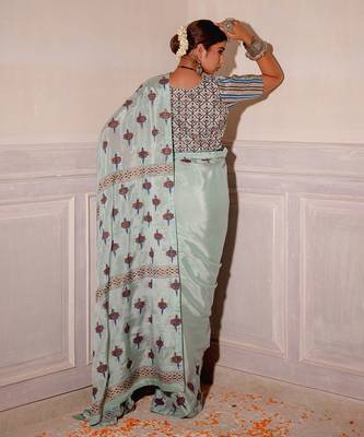 Pastel Blue Hand Blocked Saree Set 2