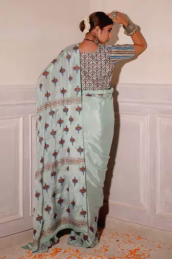 Pastel Blue Hand Blocked Saree Set