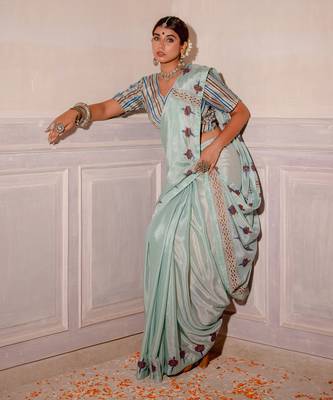 Pastel Blue Hand Blocked Saree Set 3