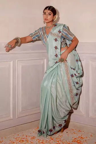Pastel Blue Hand Blocked Saree Set