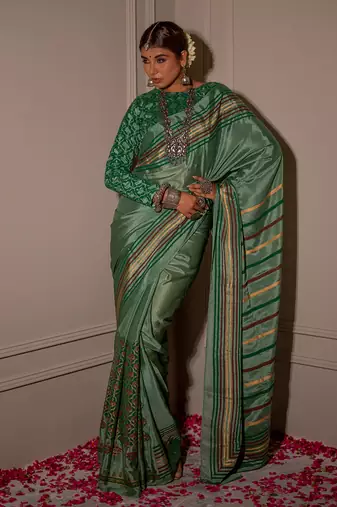 Pistachhio Green Hand Blocked Saree Set
