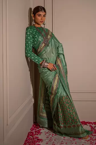 Pistachhio Green Hand Blocked Saree Set