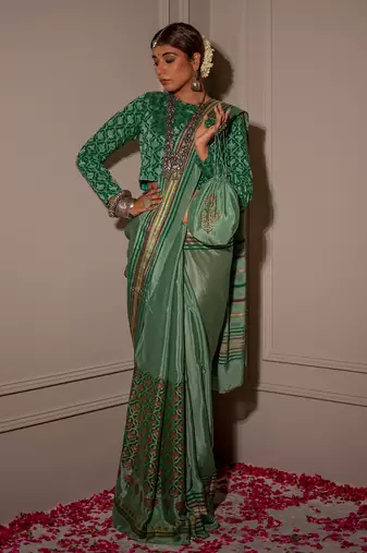 Pistachhio Green Hand Blocked Saree Set