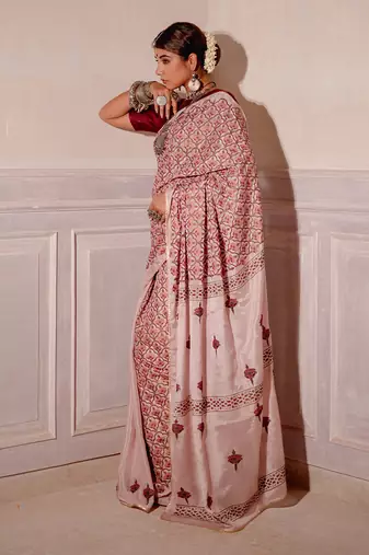 Blush Pink Hand Blocked Saree Set
