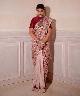 Blush Pink Hand Blocked Saree Set 1