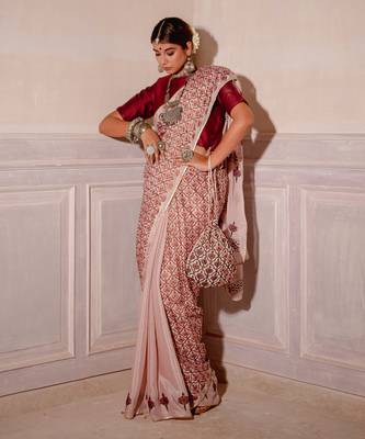Blush Pink Hand Blocked Saree Set 4
