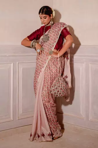 Blush Pink Hand Blocked Saree Set