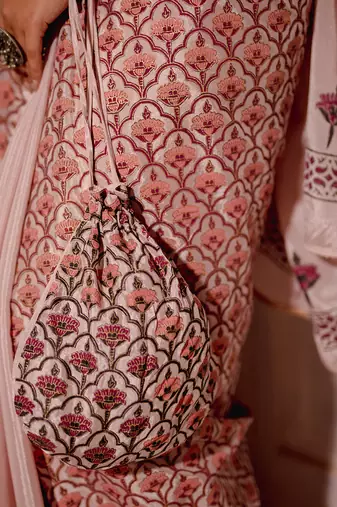 Blush Pink Hand Blocked Saree Set
