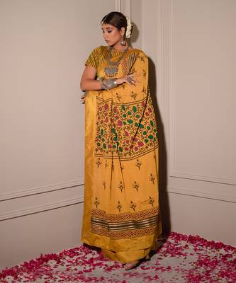 Mustard Hand Blocked Saree Set 2