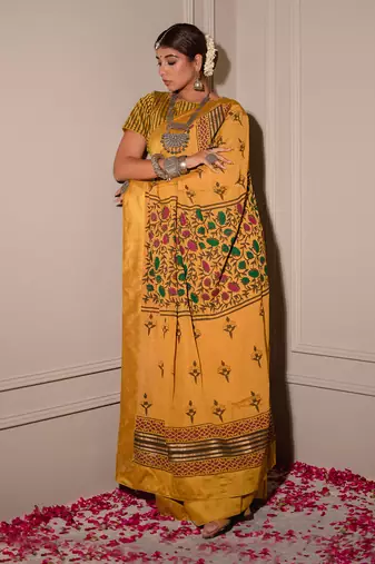 Mustard Hand Blocked Saree Set